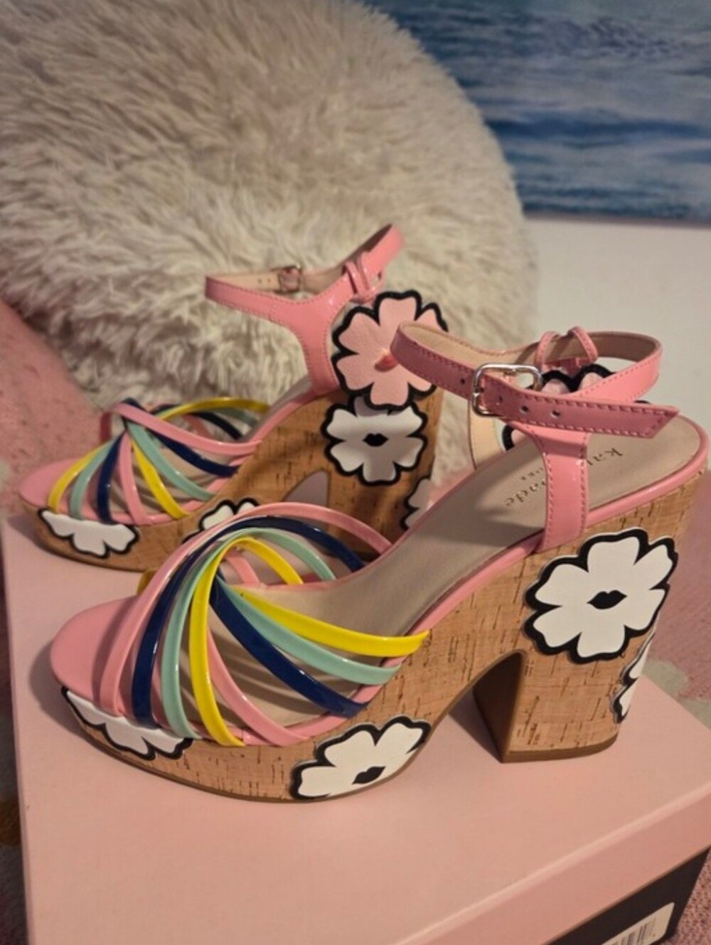 kate spade Pink Multicolor Strappy Cork Platform Sandals